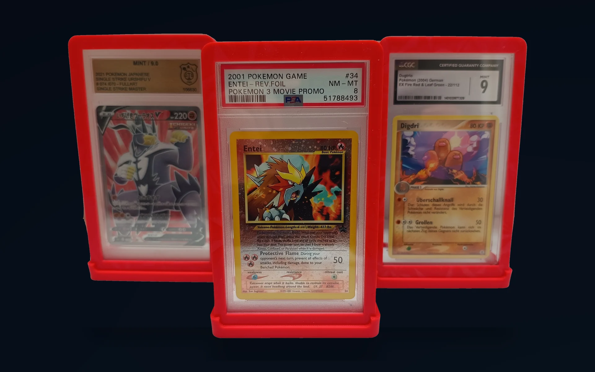 Drei rote Slab Cases für GSG, PSA und CGC mit passenden Ständern